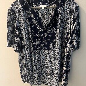 J. Jill Navy & White Floral Short Sleeve Blouse XL